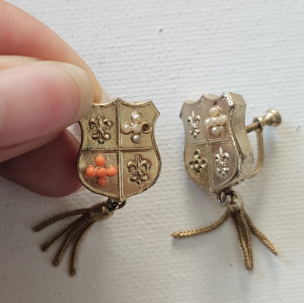 Vintage Beaded Shield Crest Screw Back Earrings